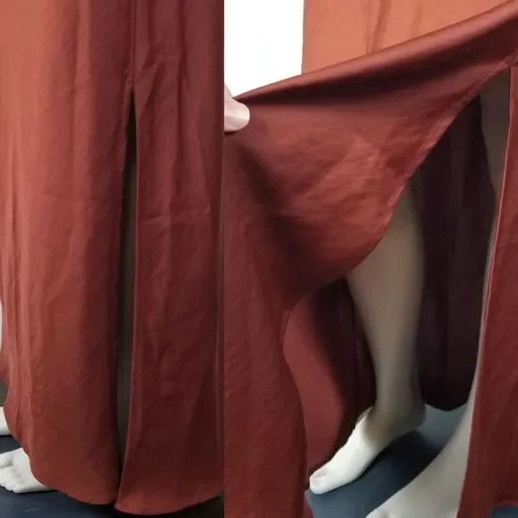 House Of Harlow 1960 Revolve Brown Satin Long Ruche Detail Side Slit Dress Sz XL - Picture 6 of 13